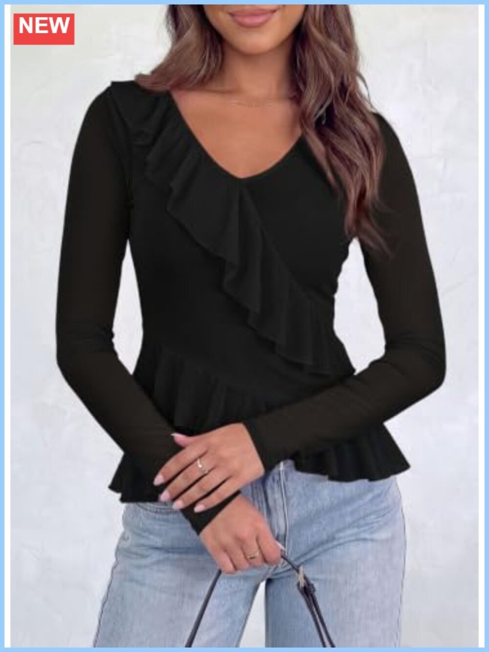 Sheer Mesh Long Sleeve Ruffle V Neck Ruched Blouse - Picture 5 of 6